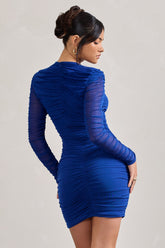 Cobalt Blue Ruched Long Sleeve Mini Dress